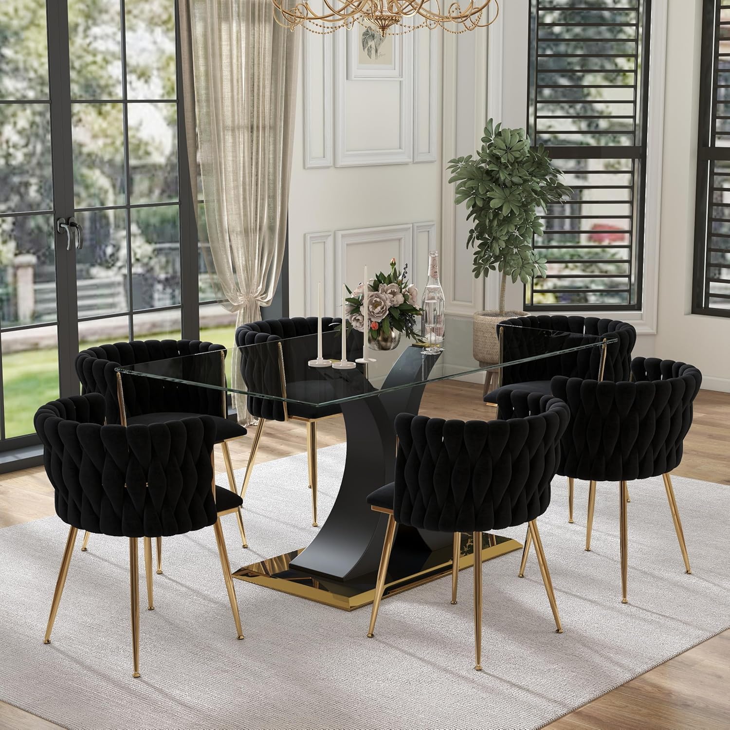 Modern Luxury Glass Dining Table for 4-6, 63'' Clear Tempered Glass Top Dinette Table, Minimalism Large Apartment Rectangle Kitchen Table with Black MDF & Gold Stainless Steel Base
