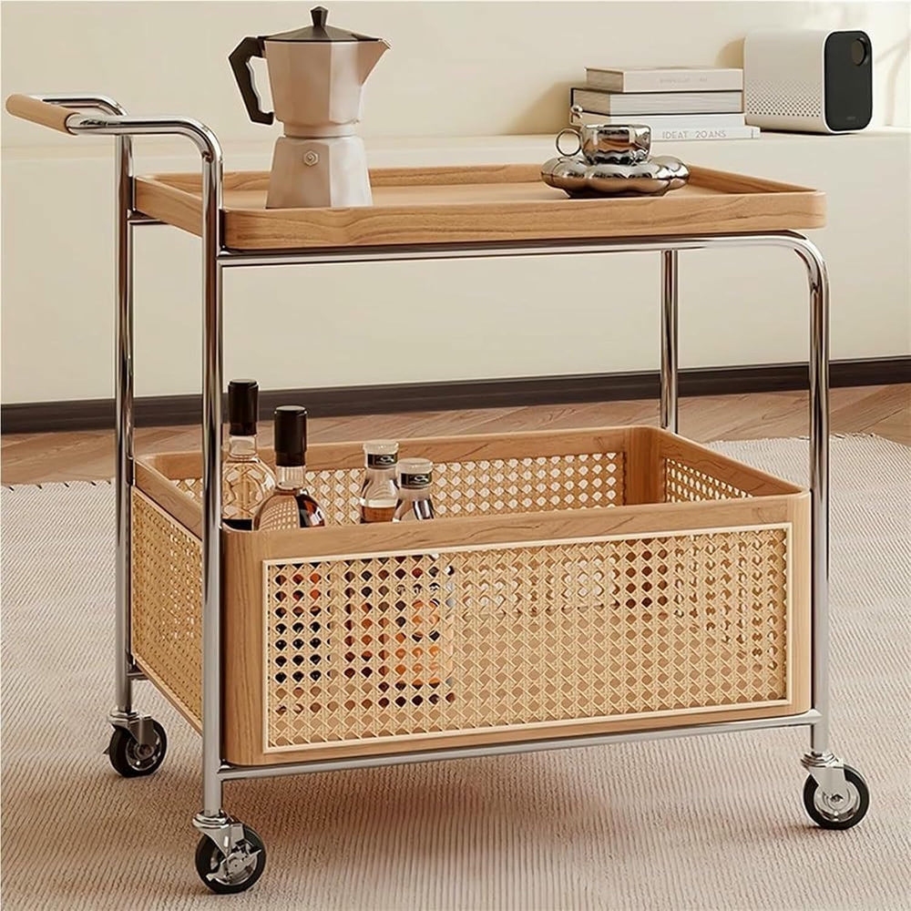 Rattan Side Table with Wheels Rolling 2-Layer Coffee Table Storage End Table ...