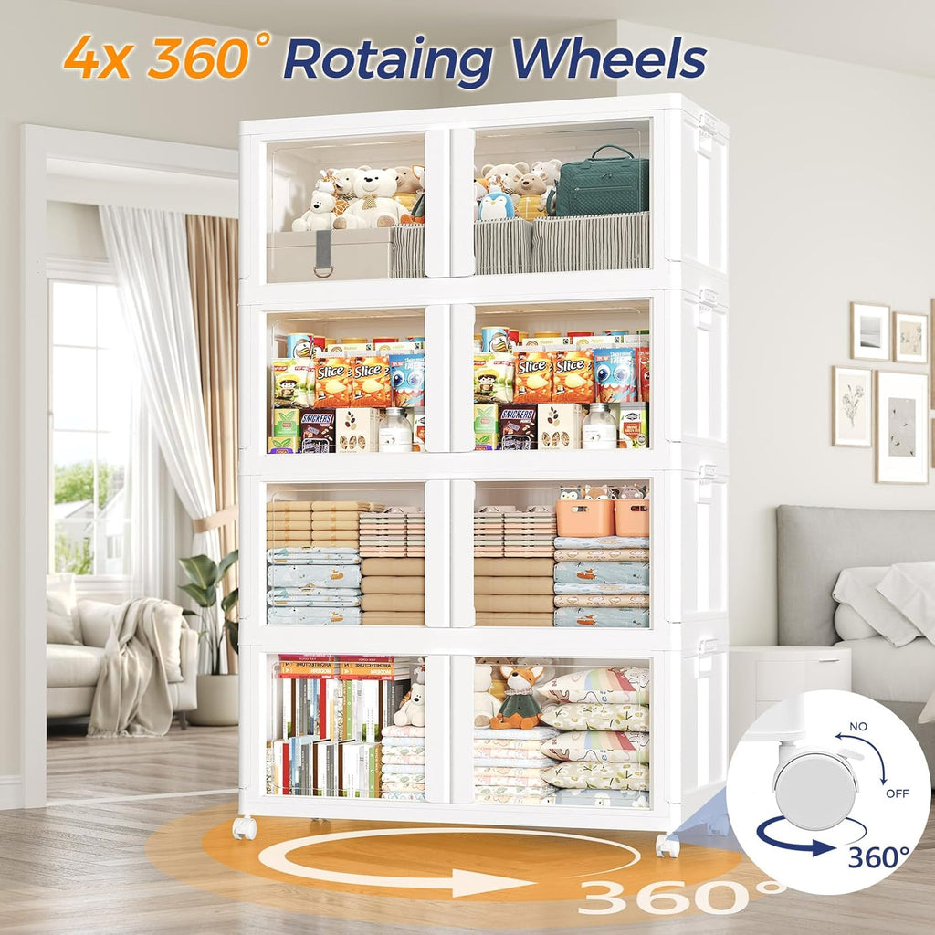 600Qt Stackable Storage Bins with Lid and Wheels, 150Gal Plastic Closet Organizer and Storage Drawer, Large Collapsible Storage Box Cabinet with Clear Door for Home Kitchen Office, 3Pack White