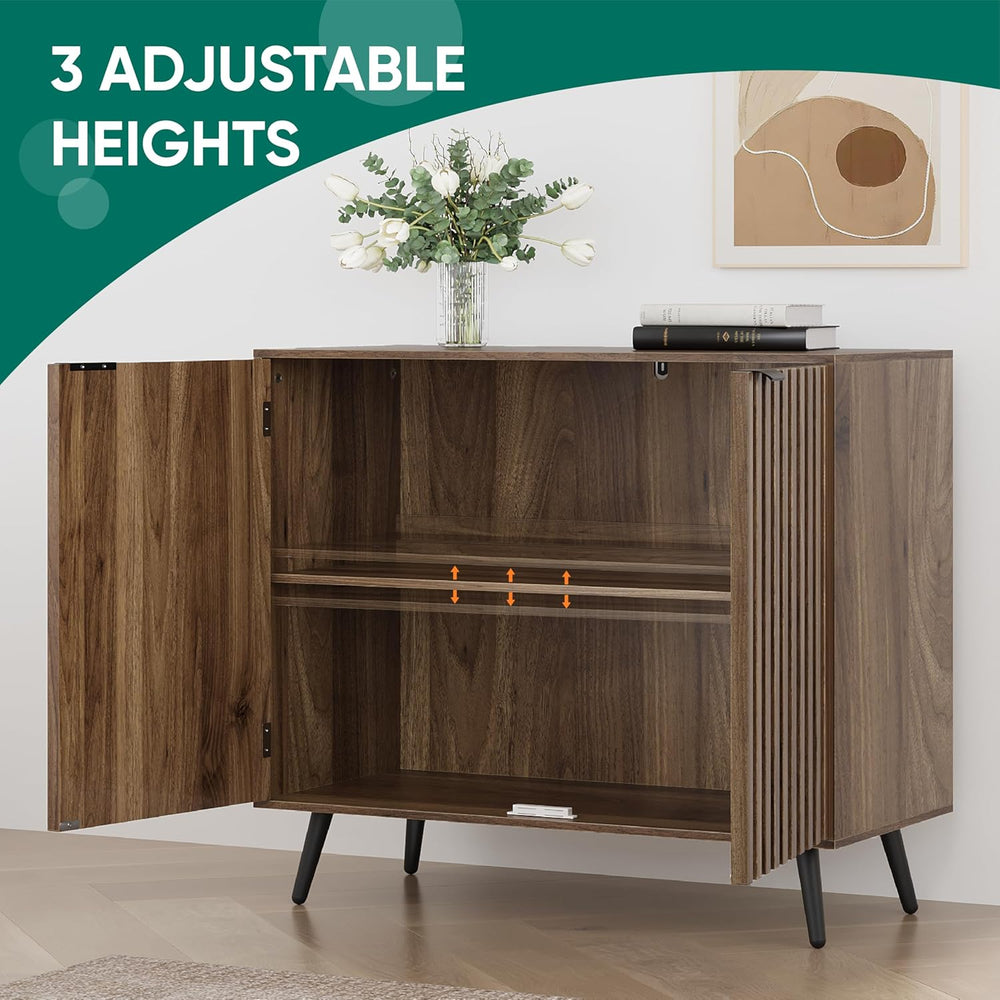 Smuxee Fluted Sideboard Cabinet, Freestanding Walnut Buffet Cabinet with Adju...