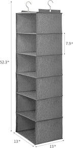 Large Hanging Sweater Organizer for Closet,Collapsible 6-Shelf Hanging Closet Shelves with Drawers, Washable (Grey-6 Shelf-2 d)