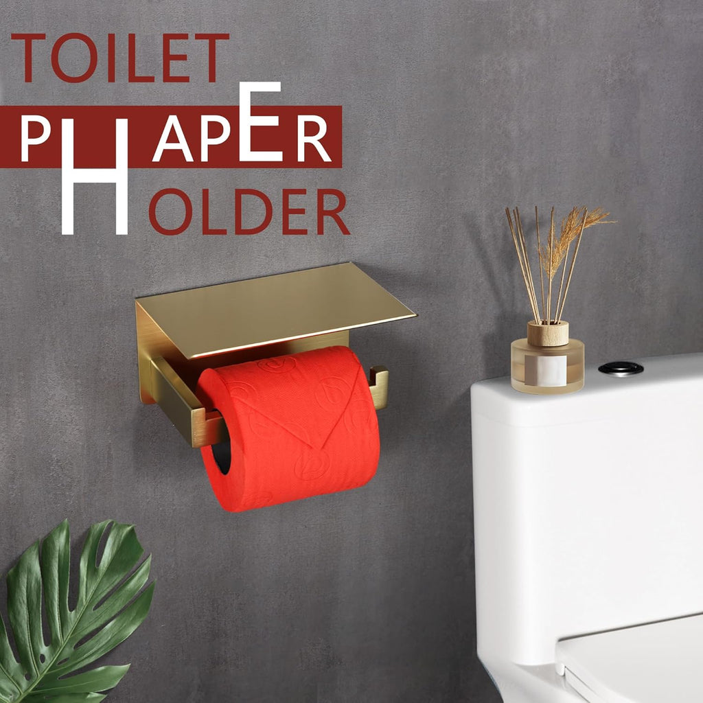 LANC Gold Toilet Paper Holder with Shelf Brushed Gold Toilet Tissue Roll Holder with Phone Shelf for Bathroom Wall Mounted and Self-Adhesive Toilet Paper Roll Holder Stainless Steel, A8367BG