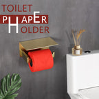 LANC Gold Toilet Paper Holder with Shelf Brushed Gold Toilet Tissue Roll Holder with Phone Shelf for Bathroom Wall Mounted and Self-Adhesive Toilet Paper Roll Holder Stainless Steel, A8367BG