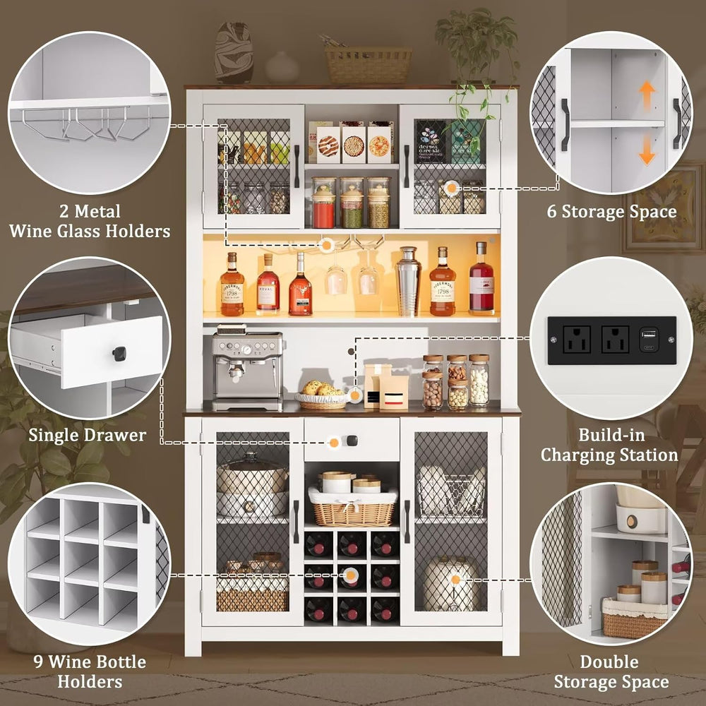 DRIXNO 70.9" White Kitchen Pantry Cabinet with RGB LED Lights & Char...