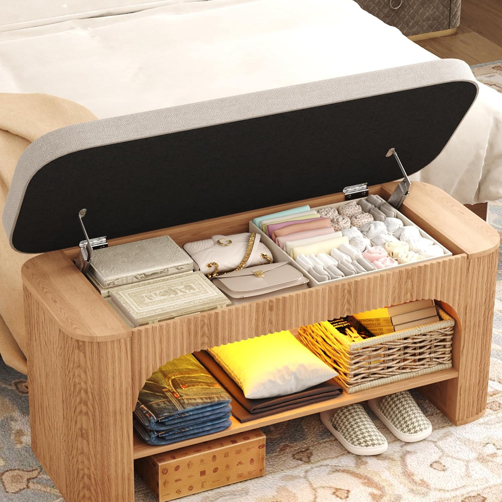 HOMEFORT 40.2" Fluted Storage Bench with Built-in LED Light, Flip-Top Sh...