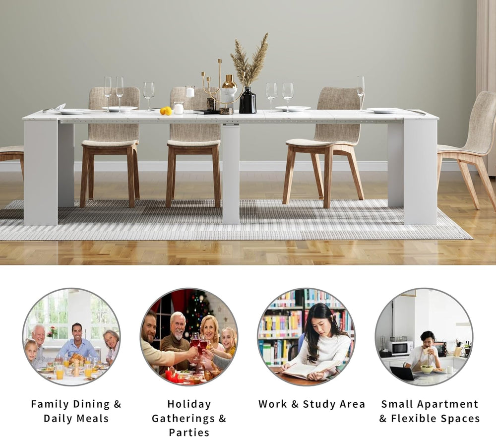 Transformer Table, Extendable Dining Table for 2-12 People, Marble White