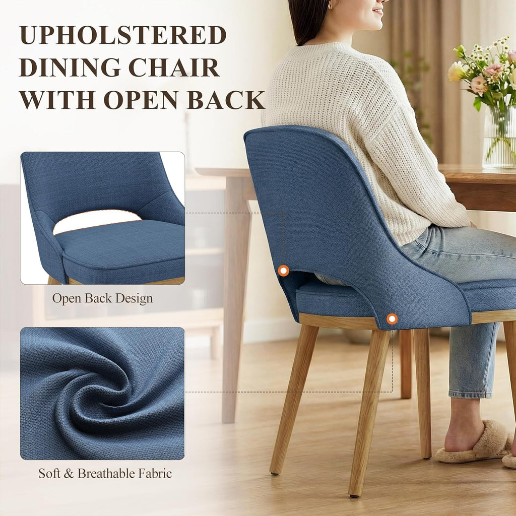 MALOL Wooden Dining Chairs Set of 2, Modern Fabric Upholstered Dining Room Chair, Kitchen Side Chairs, Farmhouse Armless Dinner Chair with Open Back for Kitchen, Blue