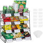 4-Tier Black Stackable Candy Display Rack, Snack Organizer For Countertop, Stores, Offices with 12 Signs and 30 Labels (Black-1 Pack)