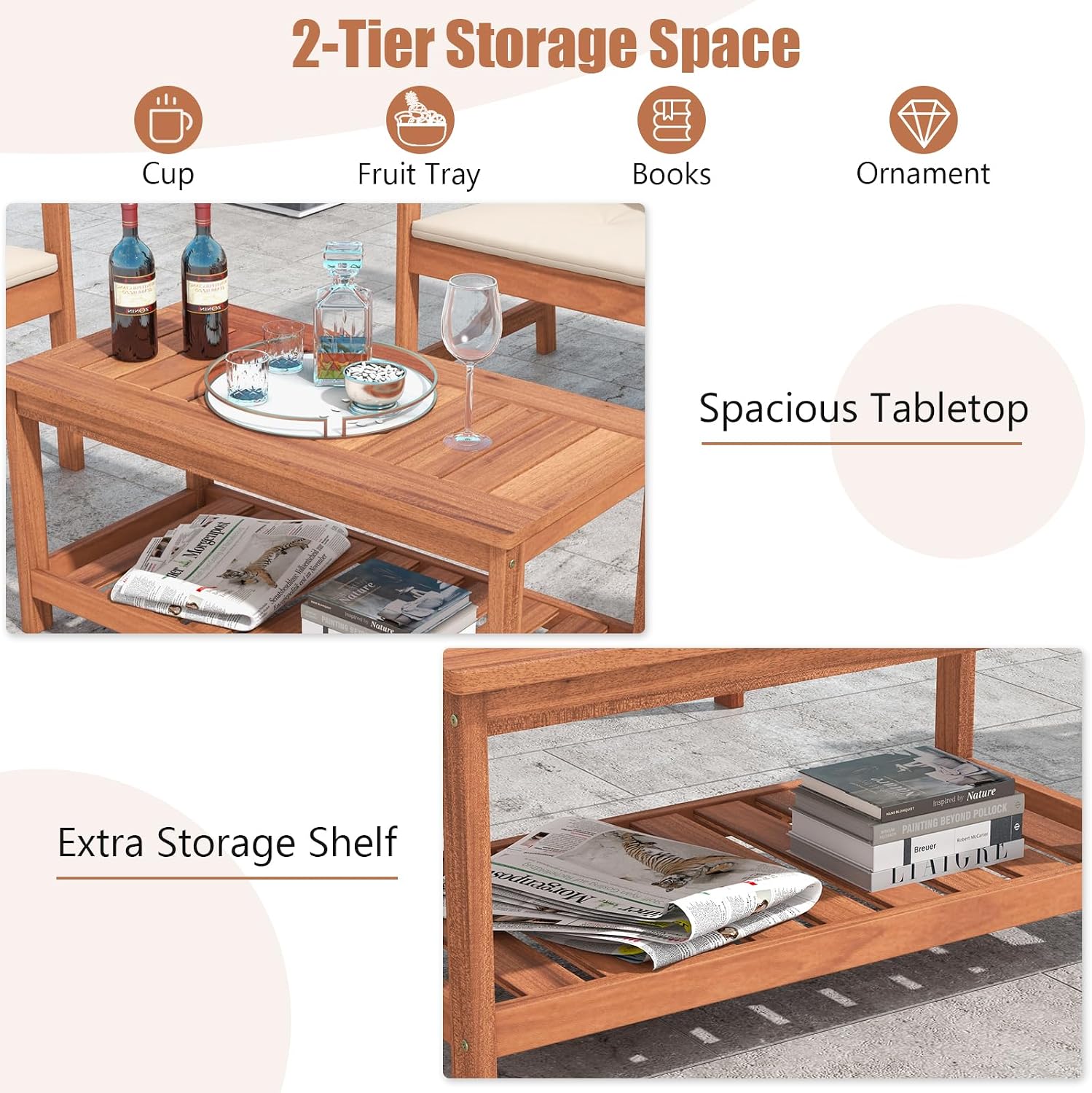 Tangkula Wood Outdoor Coffee Table, 2-Tier Patio Coffee Table with Slatted Hardwood Tabletop & Storage Shelf, Rectangle Wood Table for Deck, Garden, Balcony, Indoor or Outdoor Use (Natural)