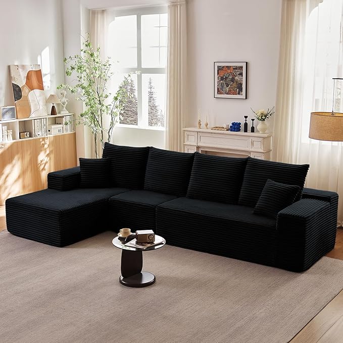 135" Modular Sectional Couches for Living Room, Comfy L Shaped Cloud Couch with Chaise Lounge, Modern Cozy Corduroy Deep Seat Floor Sofa, Memory Foam, No Assembly Required, Black