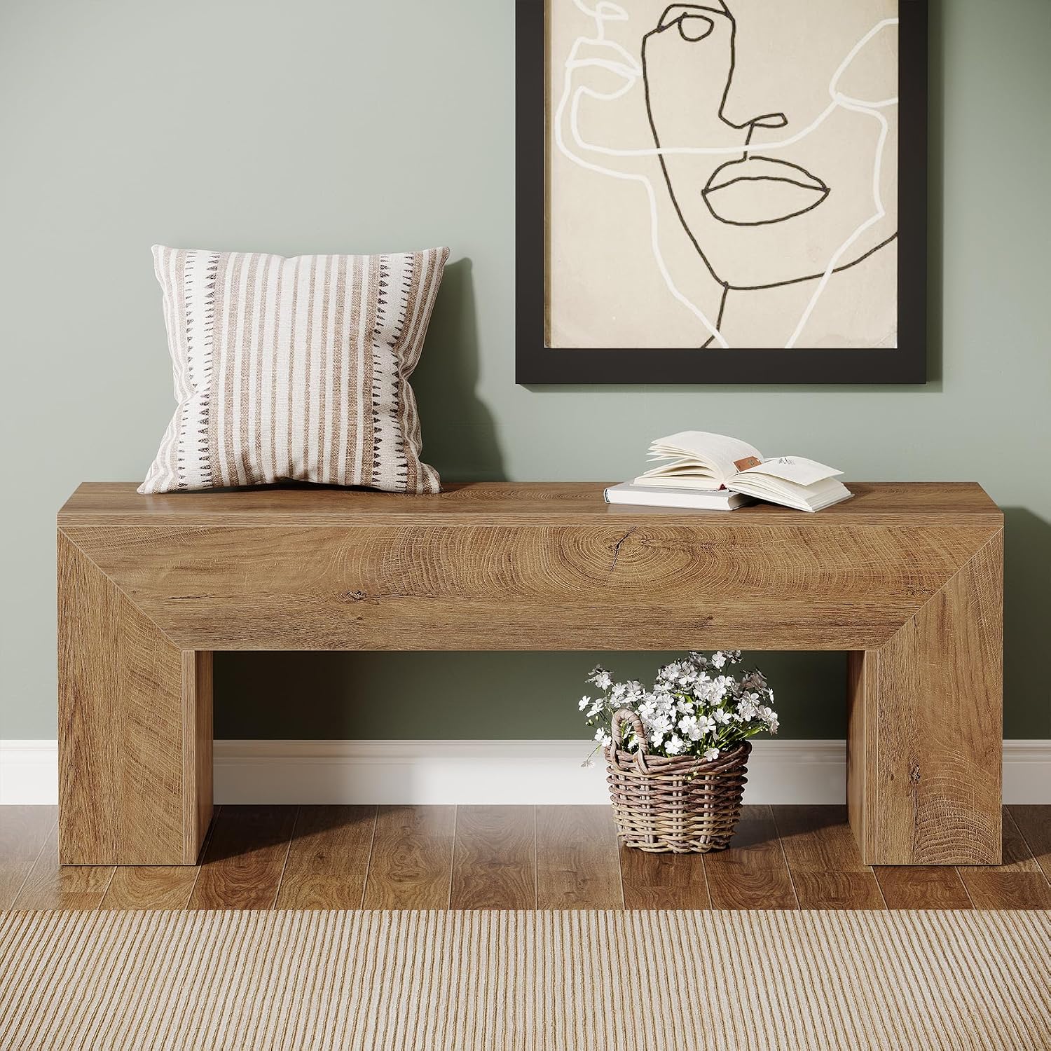 Tribesigns 47'' Wooden Entryway Bench, Farmhouse Entry Bench Seat, Indoor End of Bed Bench with Storage Capability for Living Room, Bedroom, Hallway, Easy Assembly, Natural Brown