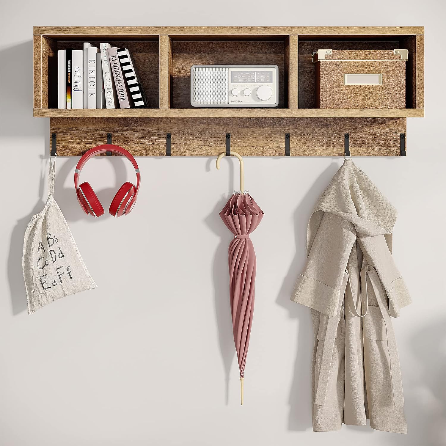 LITTLE TREE Coat Shoe Rack, Hall Tree Entryway Bench Set for Hallway, Living Room, Bedroom, Oak+Black