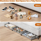 Under Bed Storage with Wheels,XXL 60L Under Bed Storage Containers with Clear Lids, Rolling Under Bed Metal Drawer for Clothes, Shoes,Toys(Gray, 2 Pack)