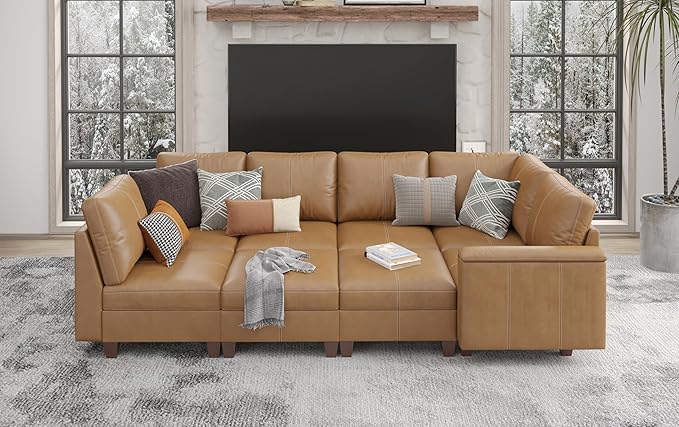 SITJOY 118" Faux Leather Modular Sectional Sofa with Storage, Mid Century Modern Sectional Couches for Living Room, 6 Seater V Shaped Couch with Chaise, Brown