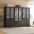 VOWNER 20“D Armoire Wardrobe Closet with Fluted Glass, 71" H Clothing Storage Cabinet with Hanging Rod, 4 Soft-Close Doors Wooden Wardrobe Cabinet for Bedroom, Large Capacity Storage Black(CCA)