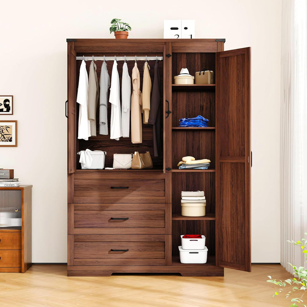 70" Tall Wardrobe Closet with 3 Doors & 3 Drawers, Farmhouse Armoire...