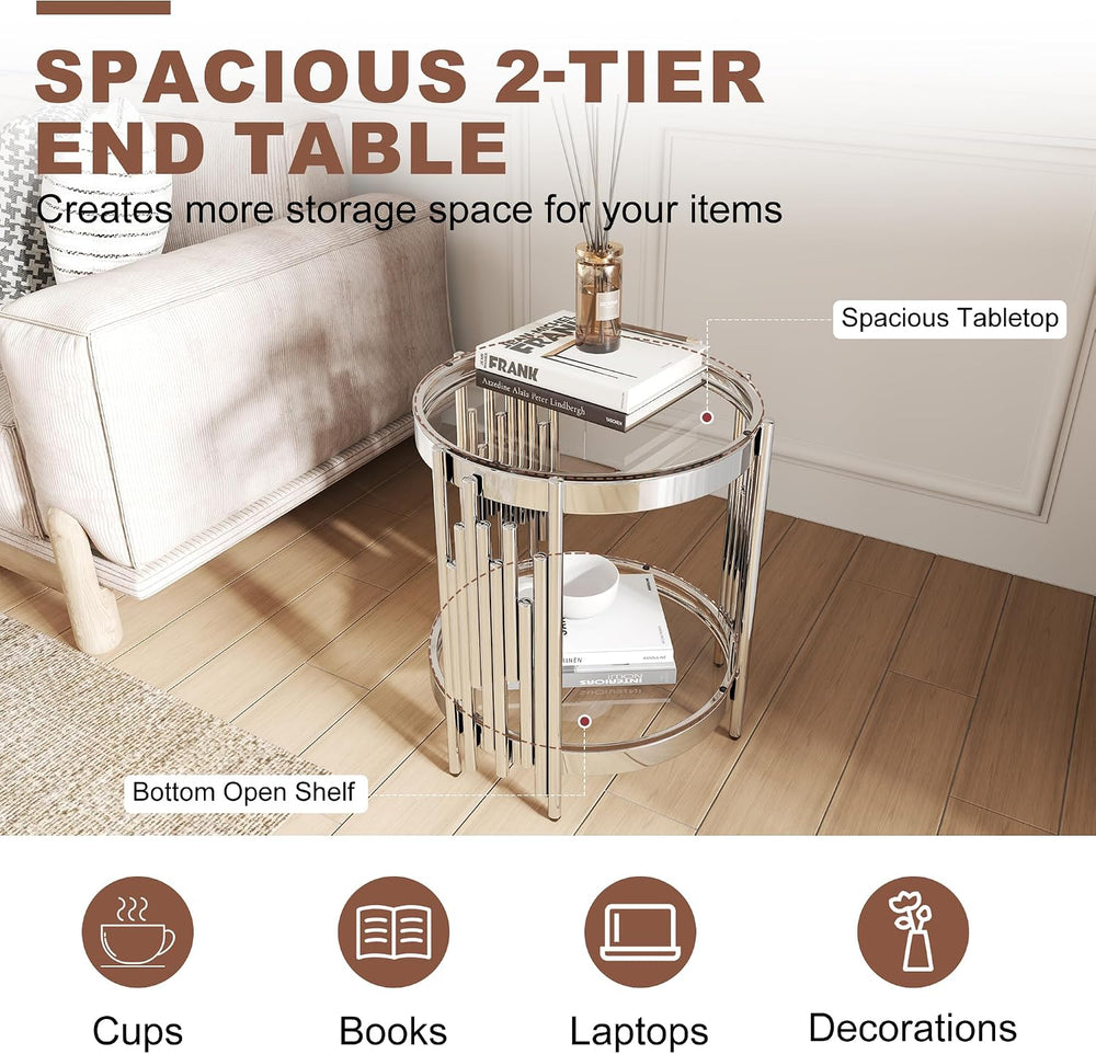 Round Glass End Table, 2-Tier Small Side Table with Tempered Glass Top and Sl...