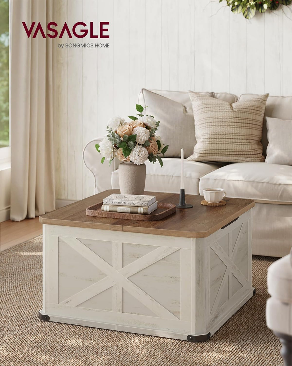 VASAGLE LIRY Collection - Farmhouse Coffee Table with Storage, Square Coffee ...