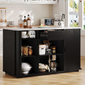 ONBRILL 60" Stationary Kitchen Island with Storage, Fluted Island Table w/Faux Marble Worktop, Sliding Door, Adjustable Shelves, Open Shelves, Mid Century Modern Coffee Bar Station with Drawer, Black