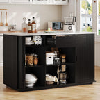 ONBRILL 60" Stationary Kitchen Island with Storage, Fluted Island Table w/Faux Marble Worktop, Sliding Door, Adjustable Shelves, Open Shelves, Mid Century Modern Coffee Bar Station with Drawer, Black