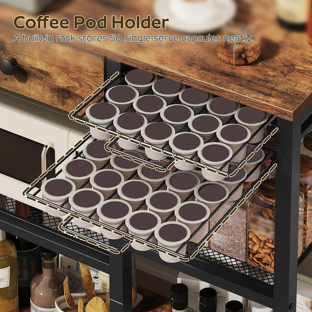 YATINEY Bakers Rack with Storage, 5-Tier Coffee Bar Station with Drawer, Kitchen Coffee Stand with Pod Drawer Holder, for Living Room, Home Cafe, Kitchen, Rustic Brown KF60BRY1