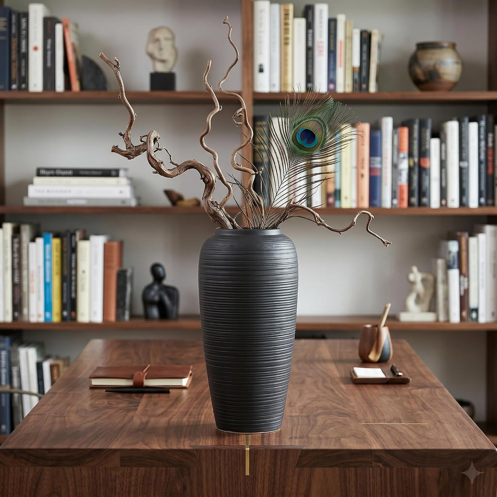 12.6" Large Matte Black Ceramic Vase, Modern Minimalist Centerpiece | Elegant matte black ribbed clay vase. Modern minimalist centerpiece, rustic farmhouse & boho decor for mantel and shelf.