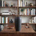 12.6" Large Matte Black Ceramic Vase, Modern Minimalist Centerpiece | Elegant matte black ribbed clay vase. Modern minimalist centerpiece, rustic farmhouse & boho decor for mantel and shelf.