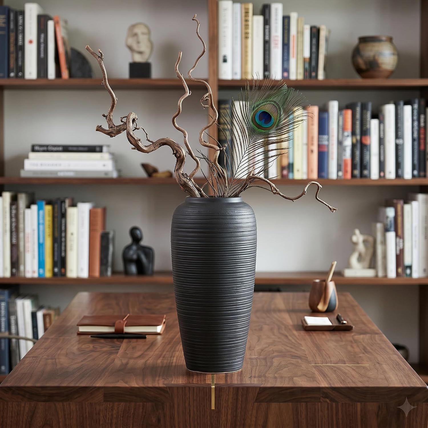 12.6" Large Matte Black Ceramic Vase, Modern Minimalist Centerpiece | Elegant matte black ribbed clay vase. Modern minimalist centerpiece, rustic farmhouse & boho decor for mantel and shelf.