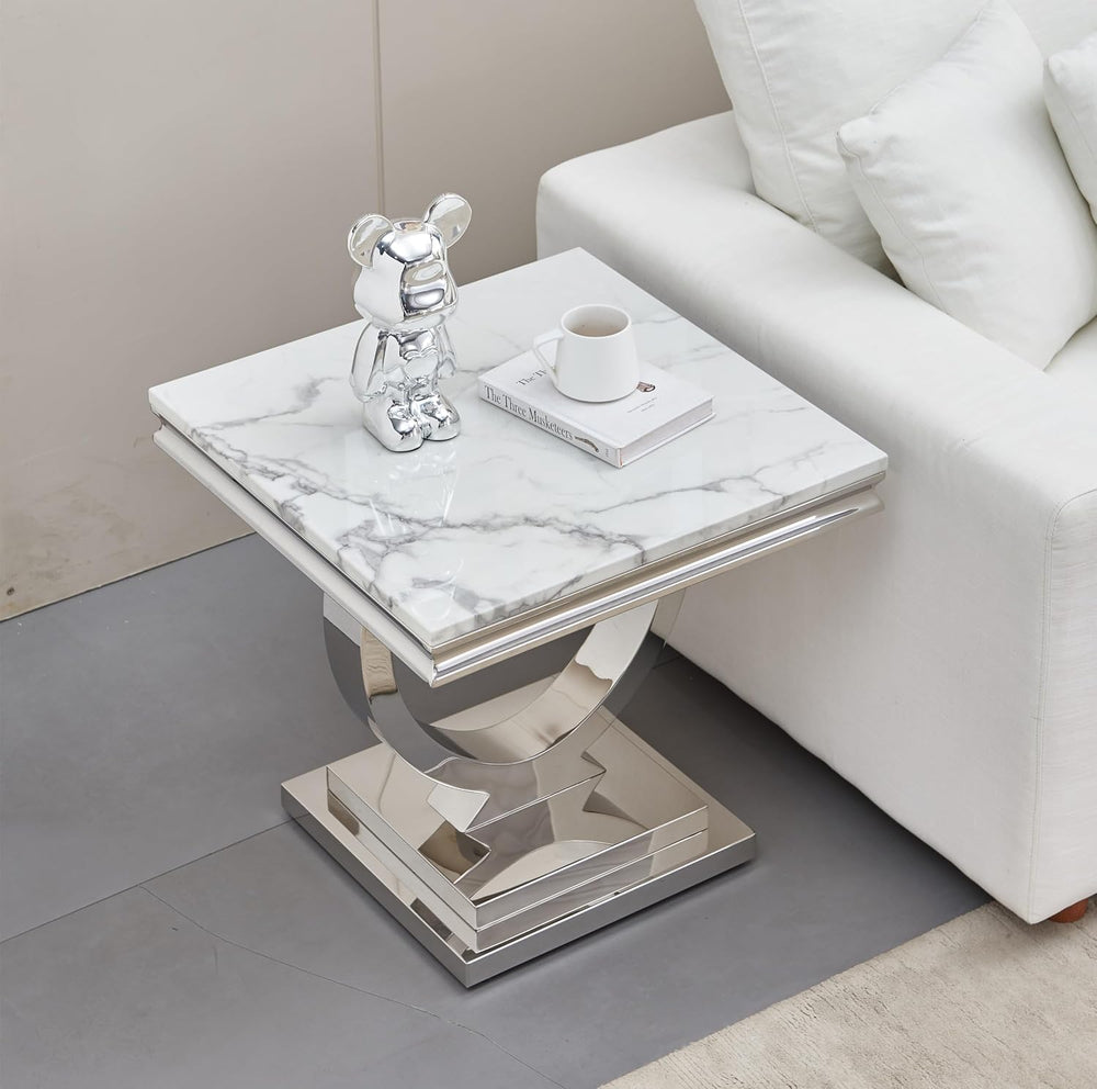 White Faux Marble End Table,Modern Sofa Side Tables with Silver Mirrored Stai...