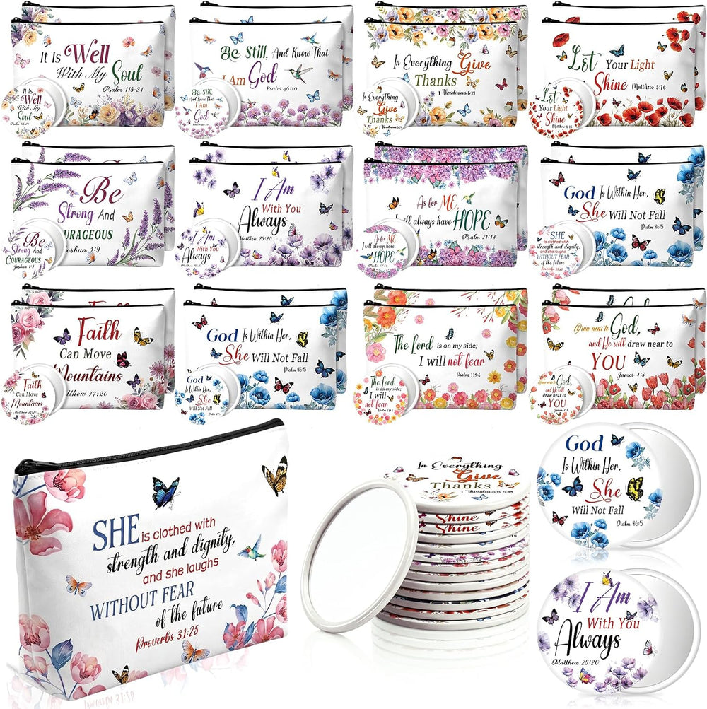 48 Pcs Christian Gifts for Women Inspirational Makeup Bags with Mirrors