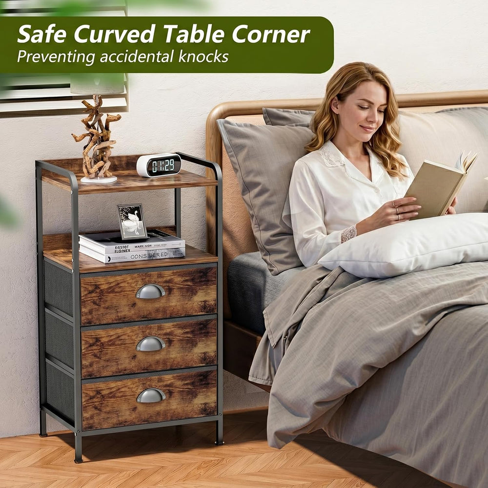 Night Stand Set 2, Nightstand with 3 Fabric Drawers and 2-Tier Shelf, Small D...