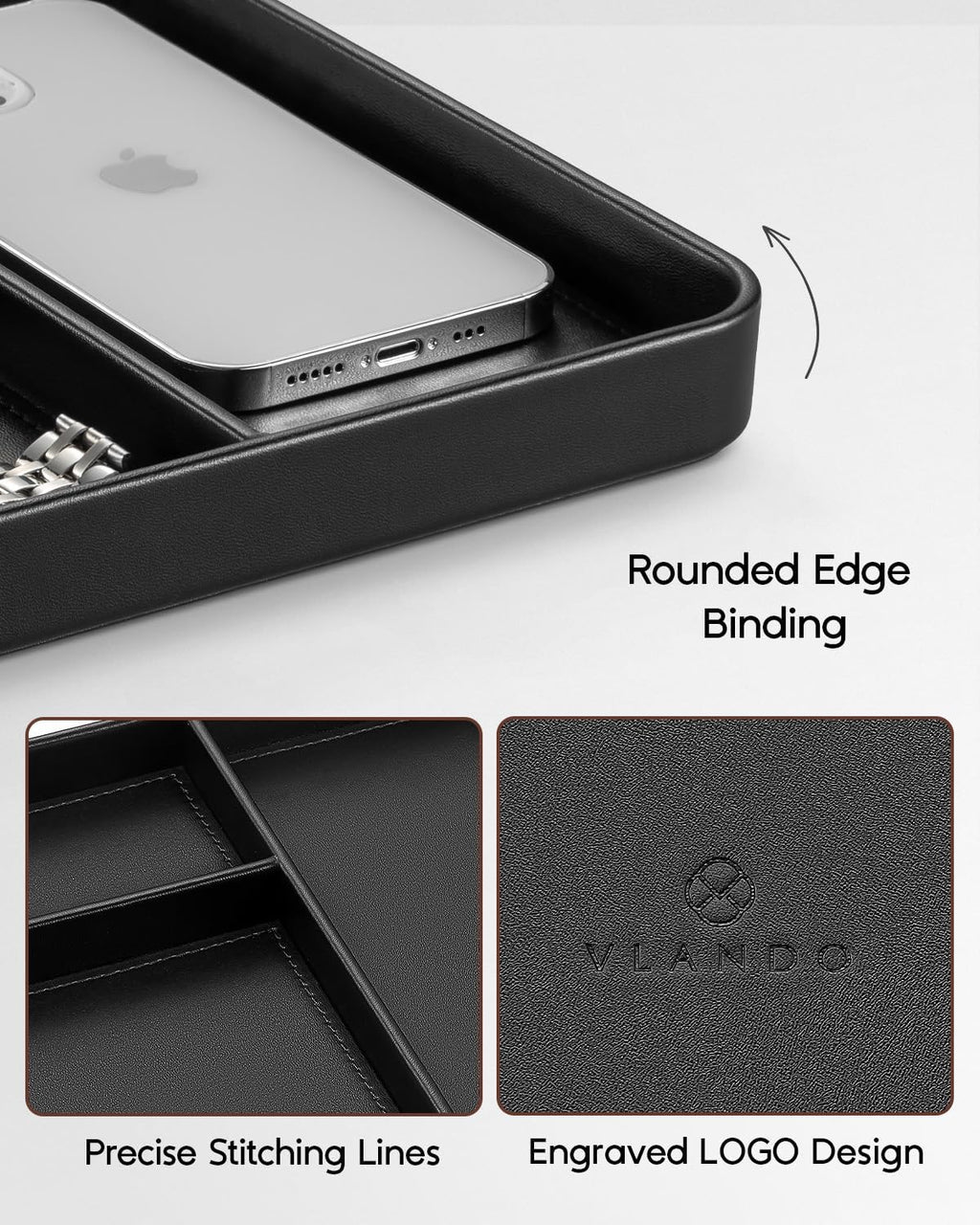 VLANDO Valet Tray, PU Leather Nightstand Organizer with Divider | Nightstand Decor, Key Tray, Divided Valet Tray,Catchall Tray with Dividers, EDC Tray, Watch Tray, Catchall Tray for Men Black