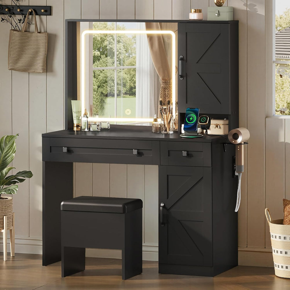 WLIVE Farmhouse Vanity Desk with LED Mirror & Stool, Black | Charging sta...