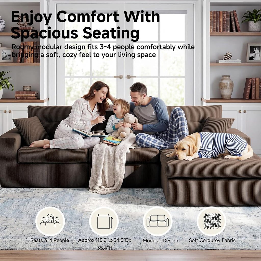 113" L-Shaped Modular Sectional Sofa Chaise Boneless Couch No Assembly | Corduroy Boneless Sectional Couch with Deep Seat, Couches for Living Room, Bedrom, Couch in a Box, Light Gray