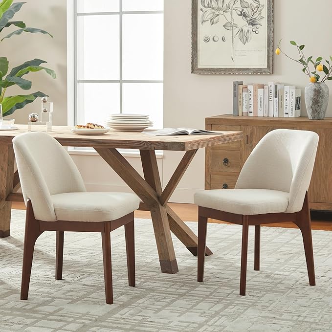 VKNOW Modern Dining Chairs, Fabric Kitchen Chairs with Wood Legs and Padded Seats, Upholstered Side Chair for Kitchen Dining Room (Linen Color, Set of 6)
