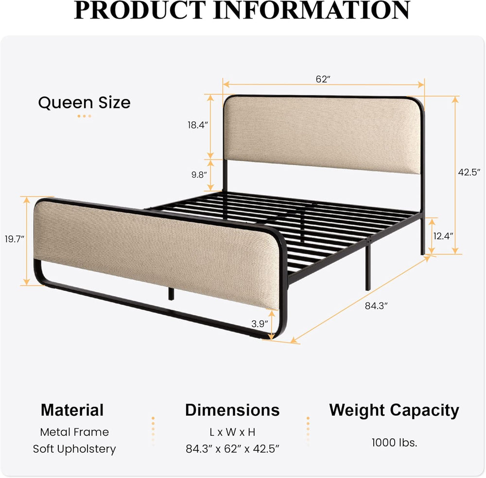 SHA CERLIN Queen Size Metal Bed Frame with Upholstered Headboard, Beige