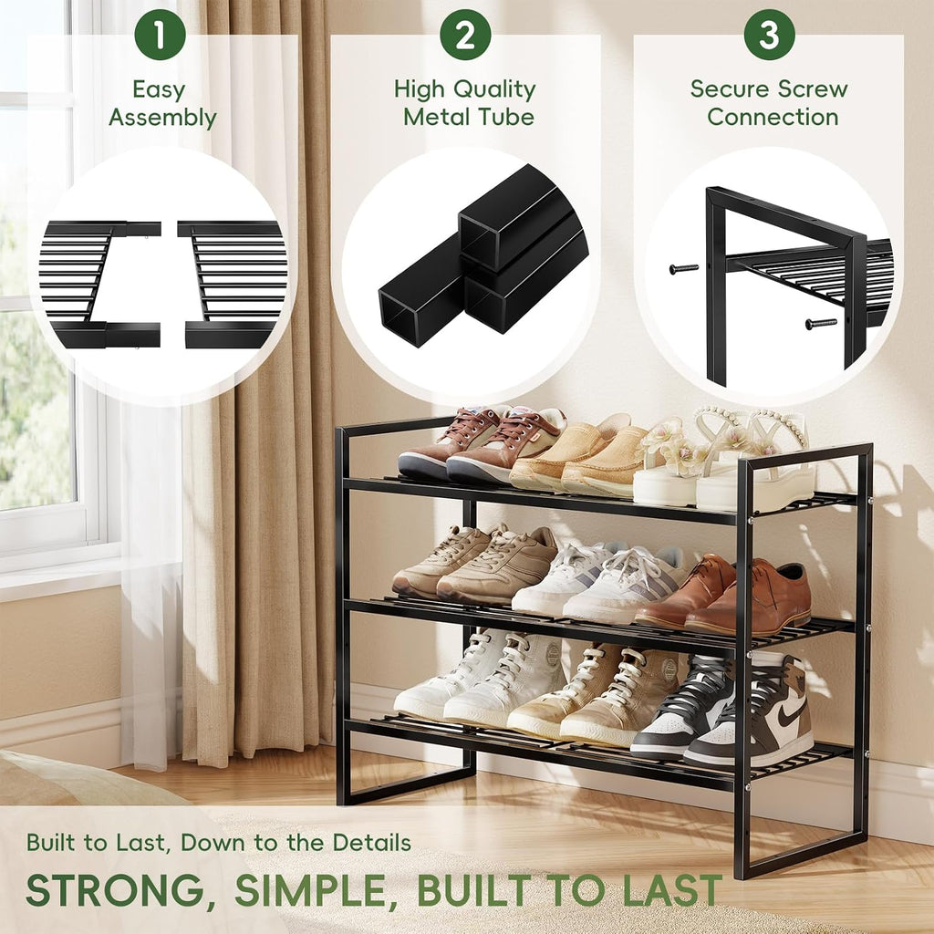 3-Tier Shoe Rack, 27" Wide Stackable Metal Wired Grid Shoe Shelf, Black | Sturdy Metal, Easy Assembly,Square-Tube Design, 9-12 Pairs of Shoes Storage Organizer for Closet, Entryway, Garage & Corridor