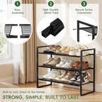 3-Tier Shoe Rack, 27" Wide Stackable Metal Wired Grid Shoe Shelf, Black | Sturdy Metal, Easy Assembly,Square-Tube Design, 9-12 Pairs of Shoes Storage Organizer for Closet, Entryway, Garage & Corridor