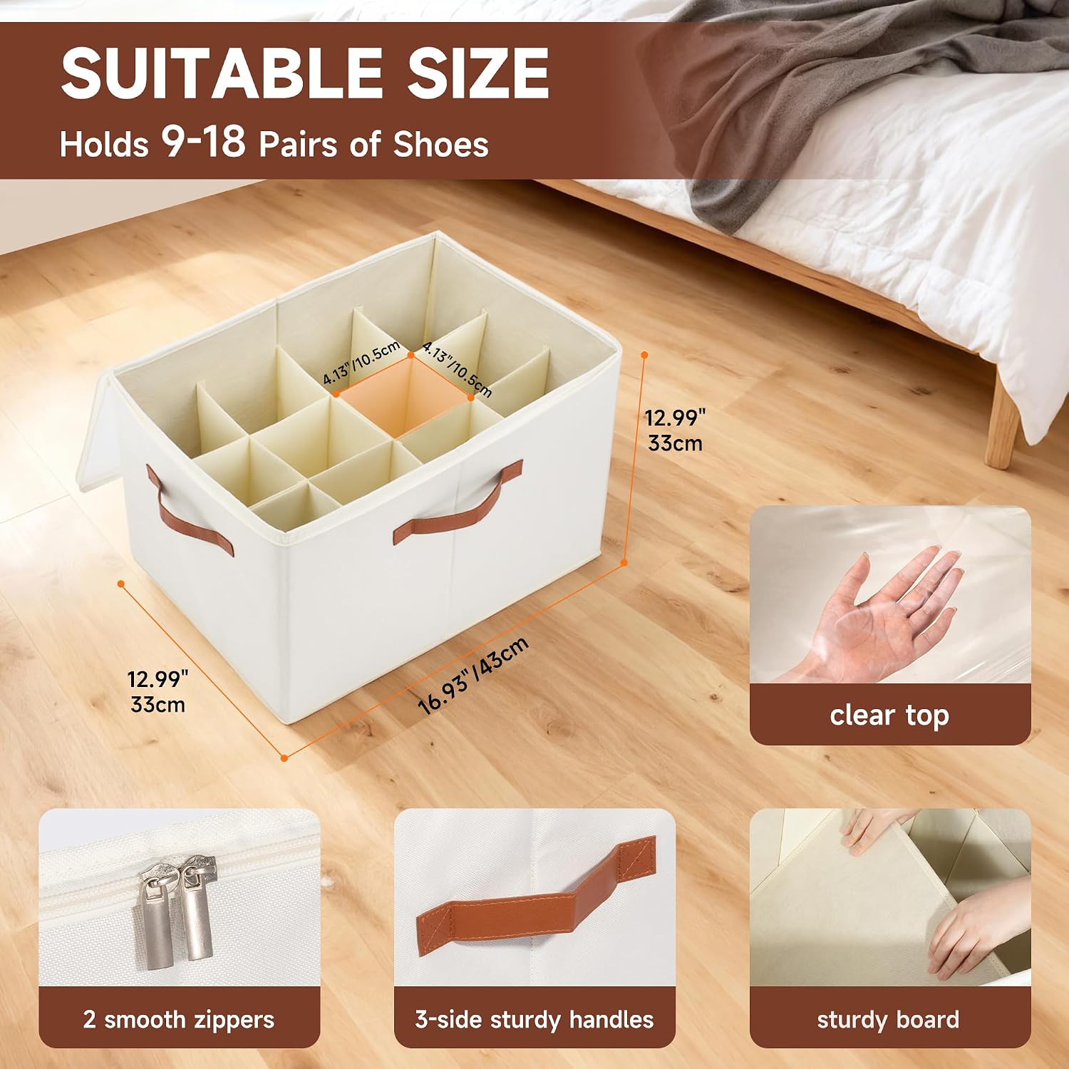 2-Pack Shoe Organizer for Closet, Foldable Shoe Storage Container with Adjustable Dividers & Clear Lid, Holds Up to 12 Pairs, Space-Saving Shoe Boxes, White