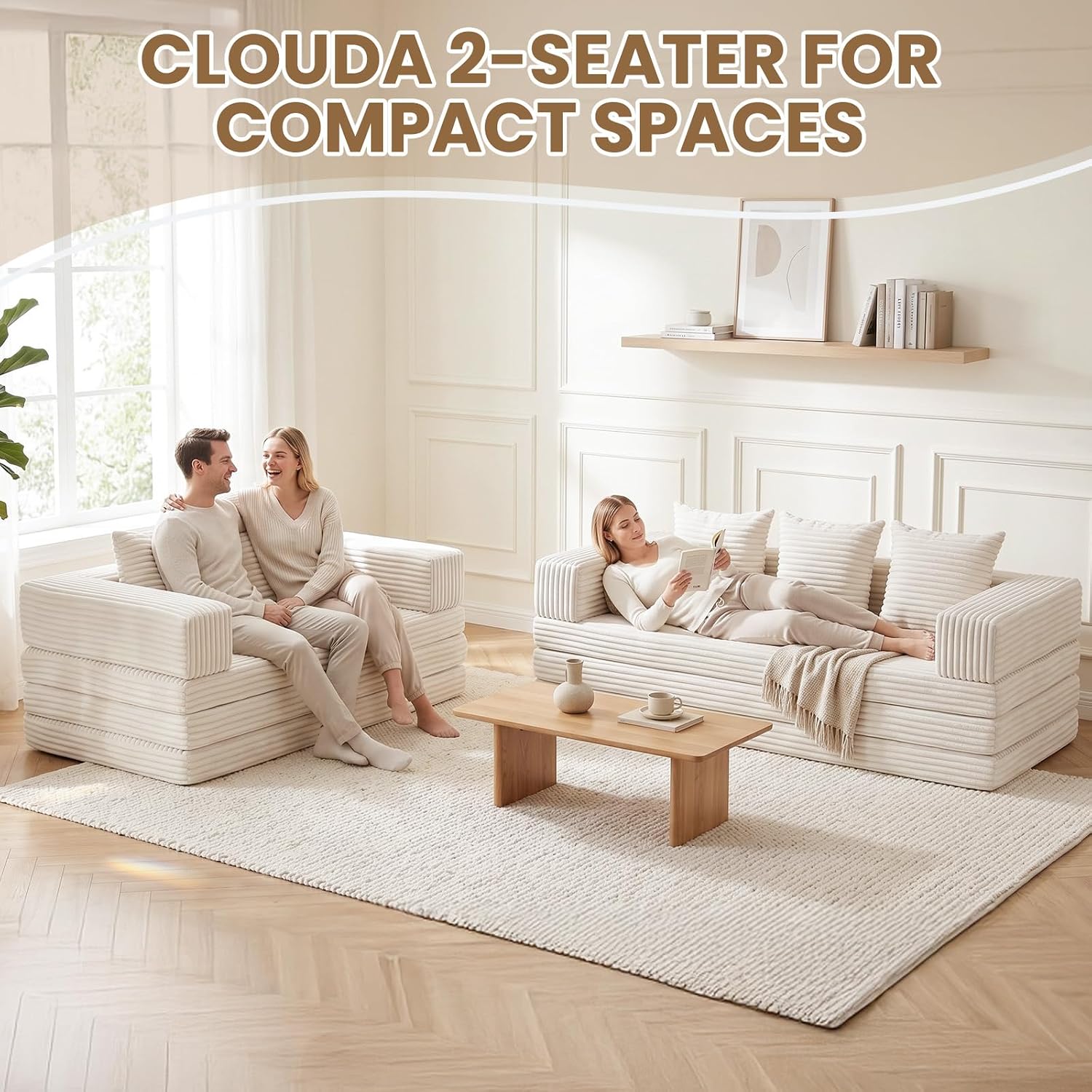 Convertible Sofa Bed,3 Seater Couch Futon Sleeper Sofa with Removable Armrests Backrest,Corduroy Folding Floor Boneless Couch for Living Room,Small Space,Beige