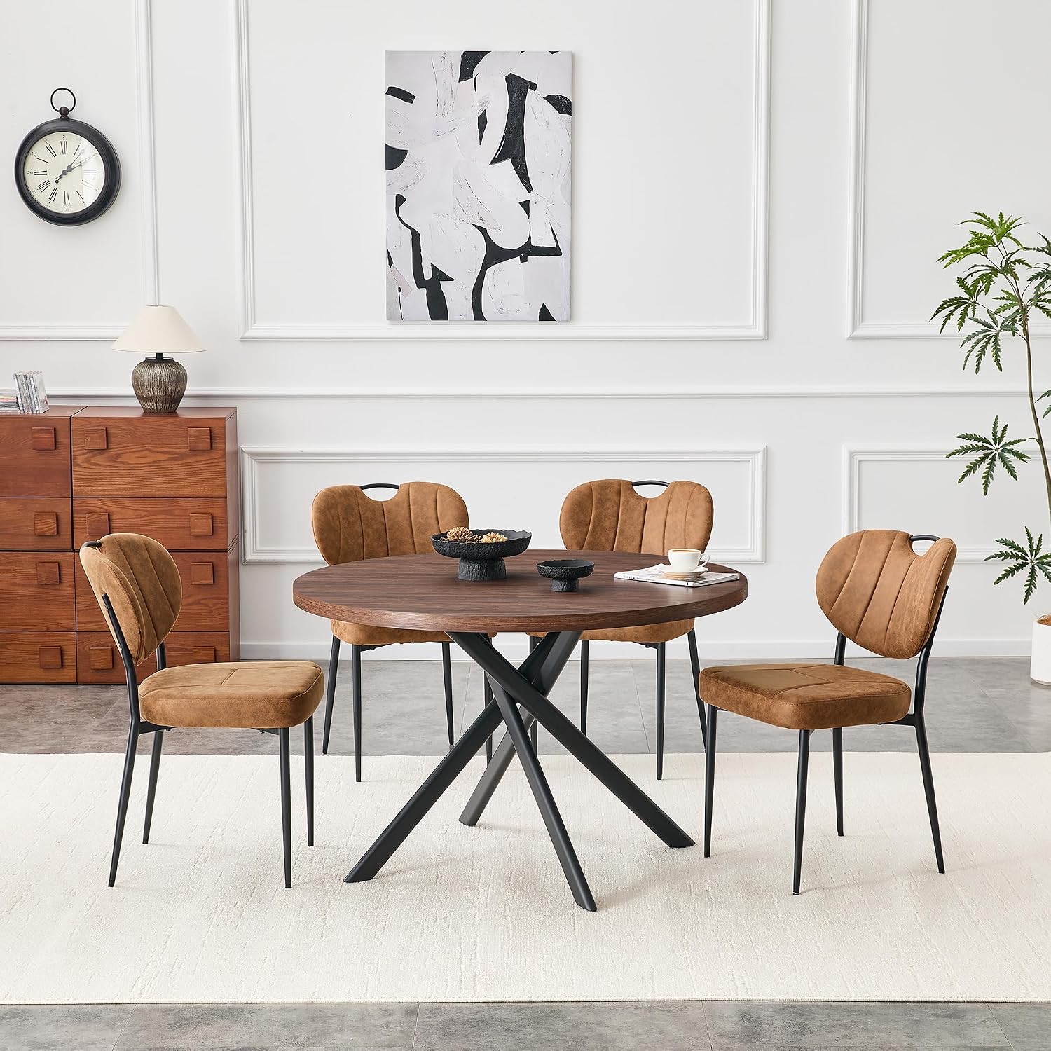 46.4" Round Dining Table Set for 4, Modern Kitchen Table Chairs Set of 4 Wood Dining Table Upholstered Chair with Metal Leg for Dining Room (Brown-2, 46.4" Walnut Table + 4 Chairs)