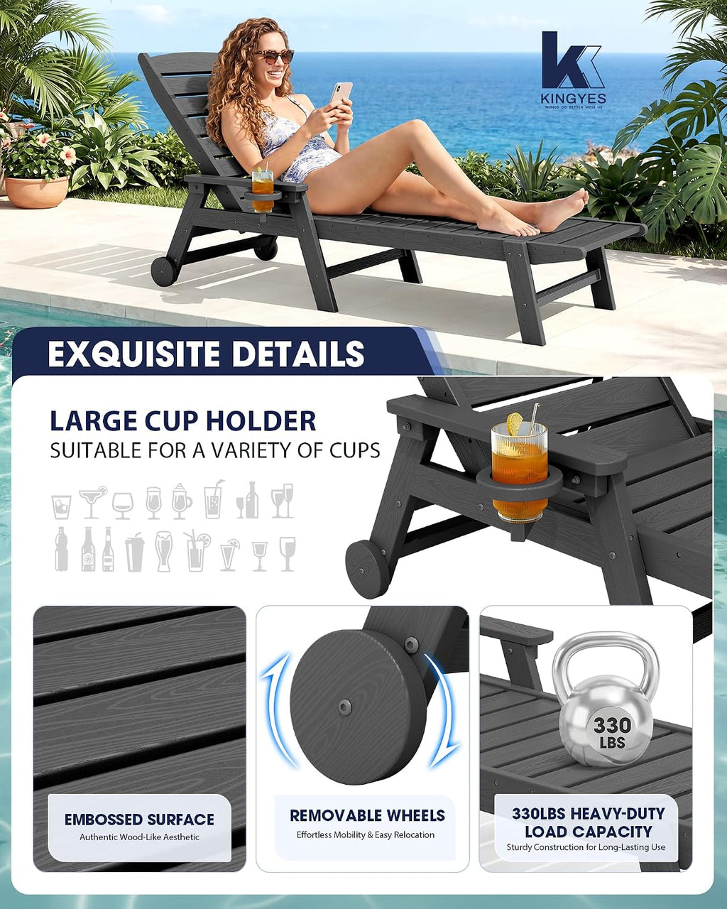 KINGYES HDPE Lounge Chair Outdoor Set of 2, All Weather Pool Lounger | 5 Position Adjustable Backrest Patio Chaise Lounge with Cup Holder for Outside, Gray