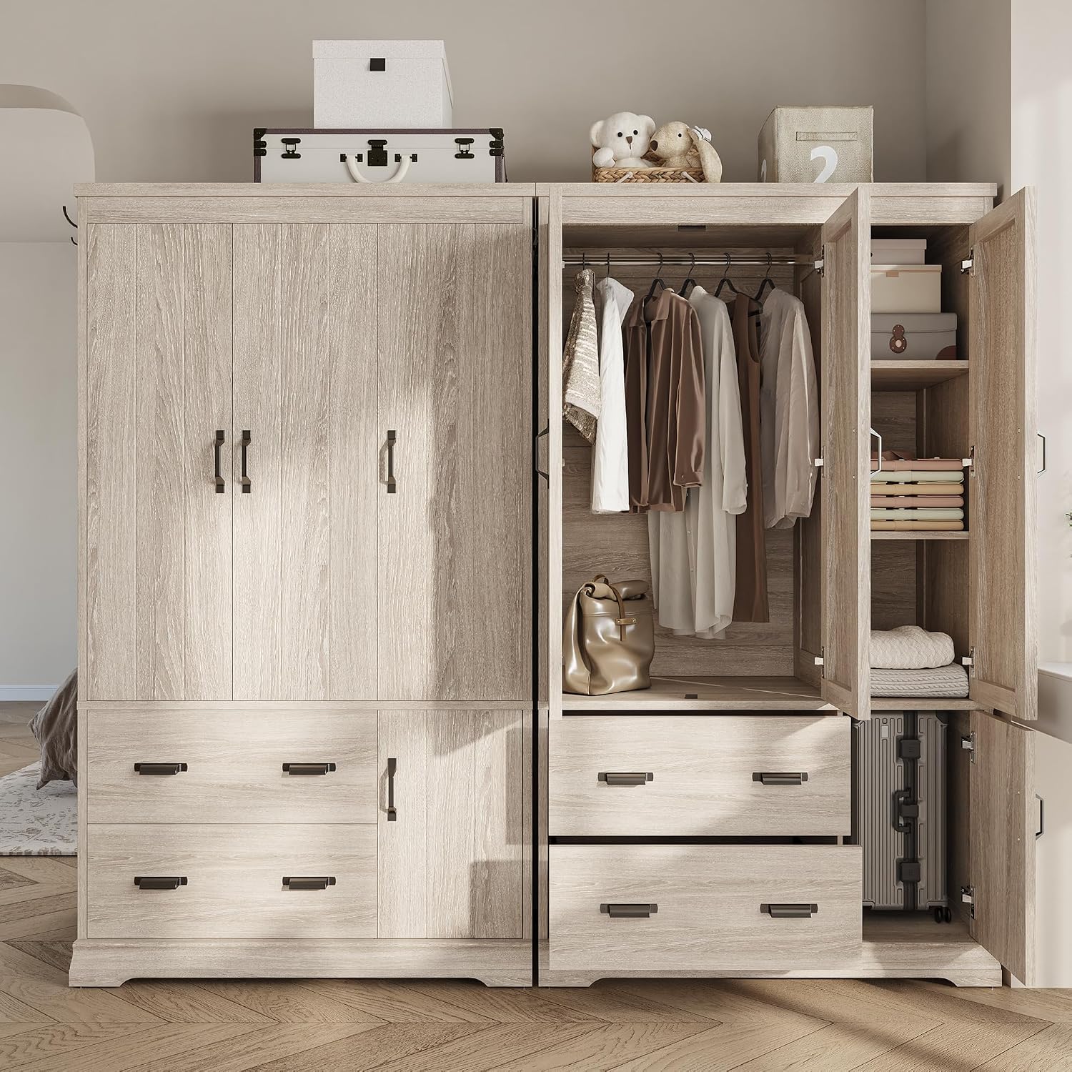 LIKIMIO Wardrobe Closet, 70" Tall 4 Doors Large Wooden Closet with 2 Drawers, 3 Shelves Bedroom Armoire with Hanging Rod, Freestanding Storage Cabinet for Hanging Clothes, Light Oak