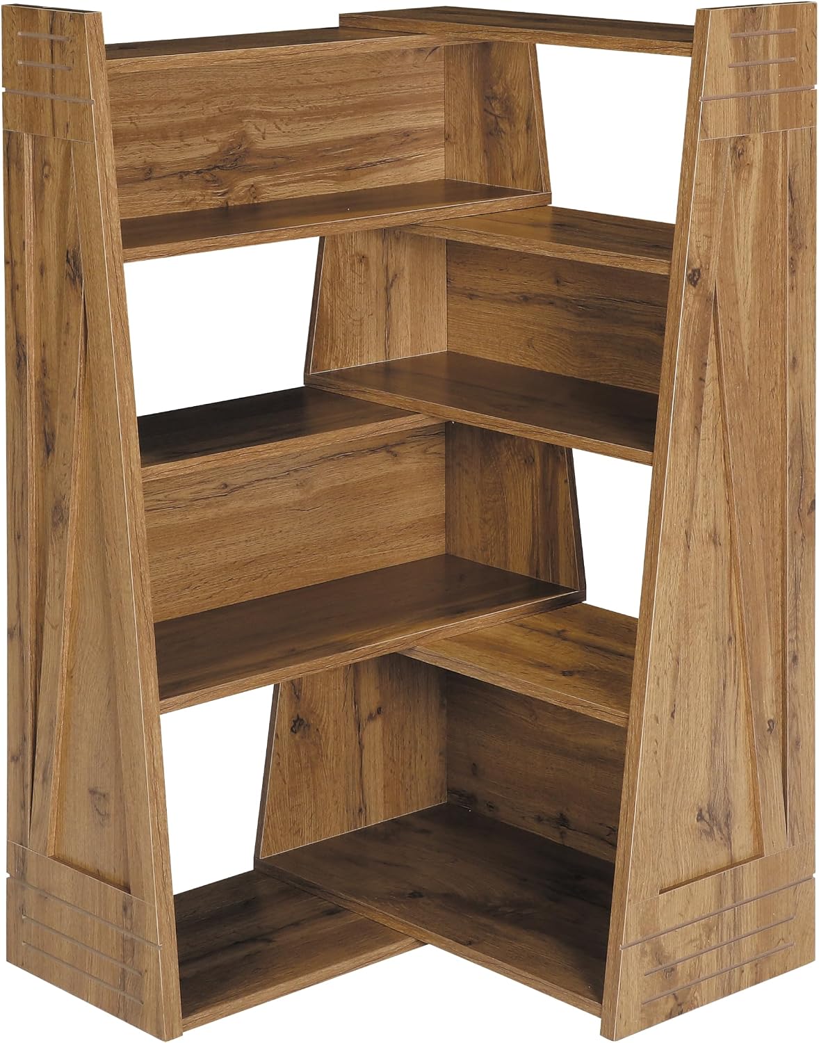 Expandable Bookshelf, 3-Tier Ladder Bookcase,Walnut | Irregular Design | Anti-Tilt Structure | Durable Extendable Corner Shelf | for Living Room, Study & Bedroom