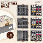 2 Pack Shoe Organizer for Closet with Adjustable Divider Shoe Storage Box | Fits 16-32 Pairs Stackable Foldable Shoe Bin with Clear Cover for Sneaker Boot Heel Sandal Dorm Space Saving Beige and Grey