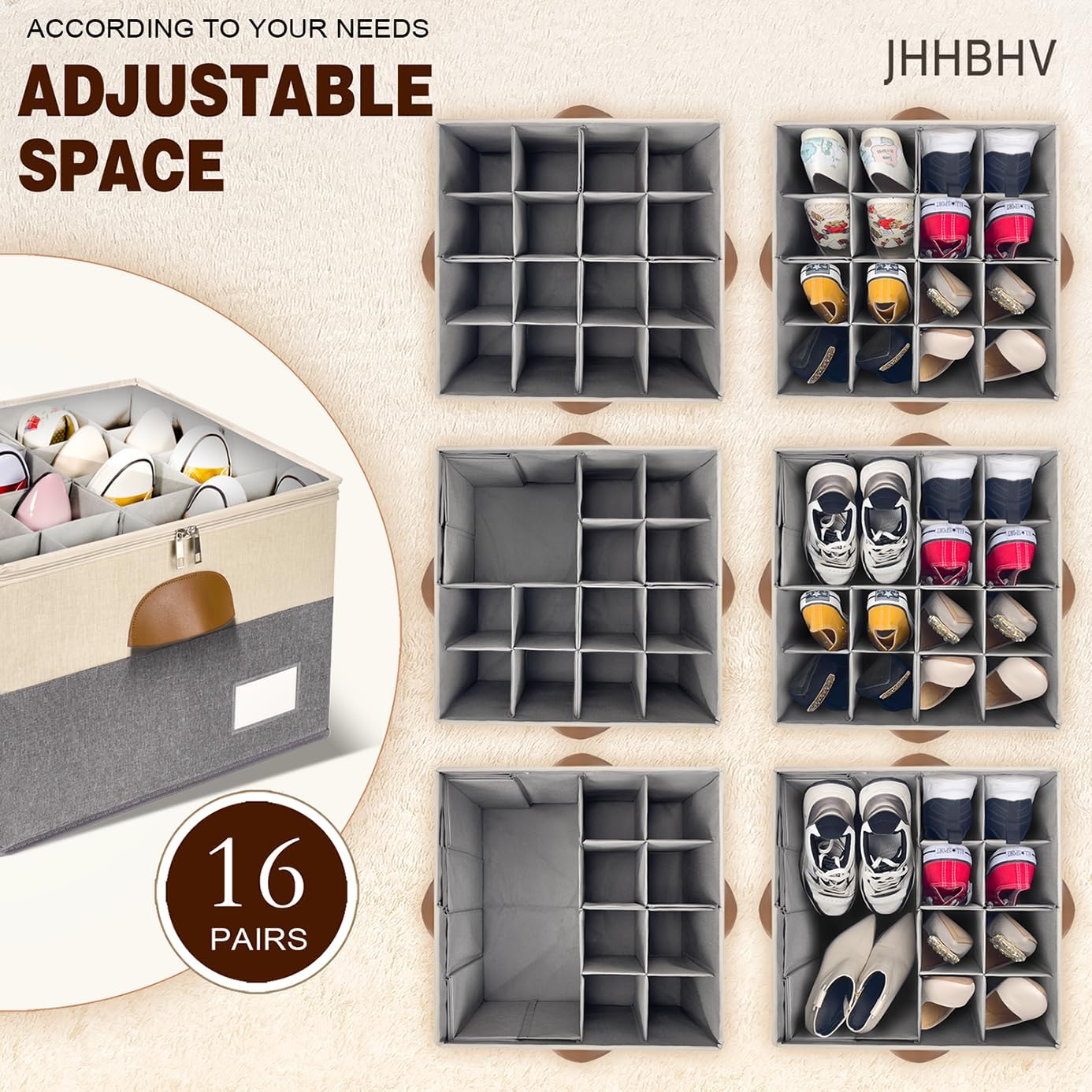 2 Pack Shoe Organizer for Closet with Adjustable Divider Shoe Storage Box | Fits 16-32 Pairs Stackable Foldable Shoe Bin with Clear Cover for Sneaker Boot Heel Sandal Dorm Space Saving Beige and Grey