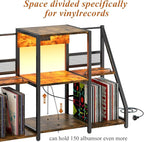 Large Record Player Stand Vintage Record Stand-Large Vintage Record Player Table with Power Outlet and LED Light,Record Storage Rack with Vinyl Display Shelf for Up to 300 Albums