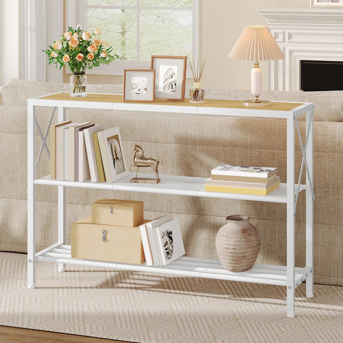 Hoctieon Industrial Console Table, 3 Tier Entryway Tables, Hallway Desk, Narrow Sofa Tables with Shelves, Entrance Table for Entryway, Living Room, Foyer, Hallway, Office, Oak Beige