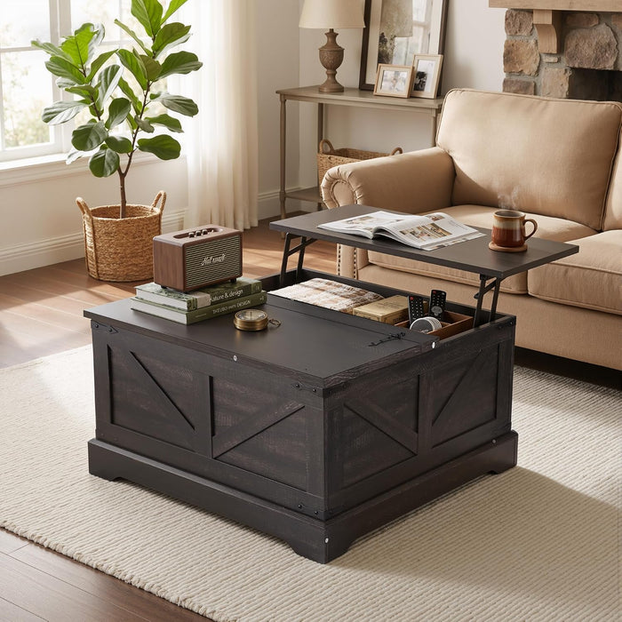 Lift Top Coffee Table, 31.5" Square Coffee Table with Hidden Storage, Farmhouse Rustic Wood Center Table with Flip-Top Lid & Safety Hinges for Living Room, Home Office (Grey)