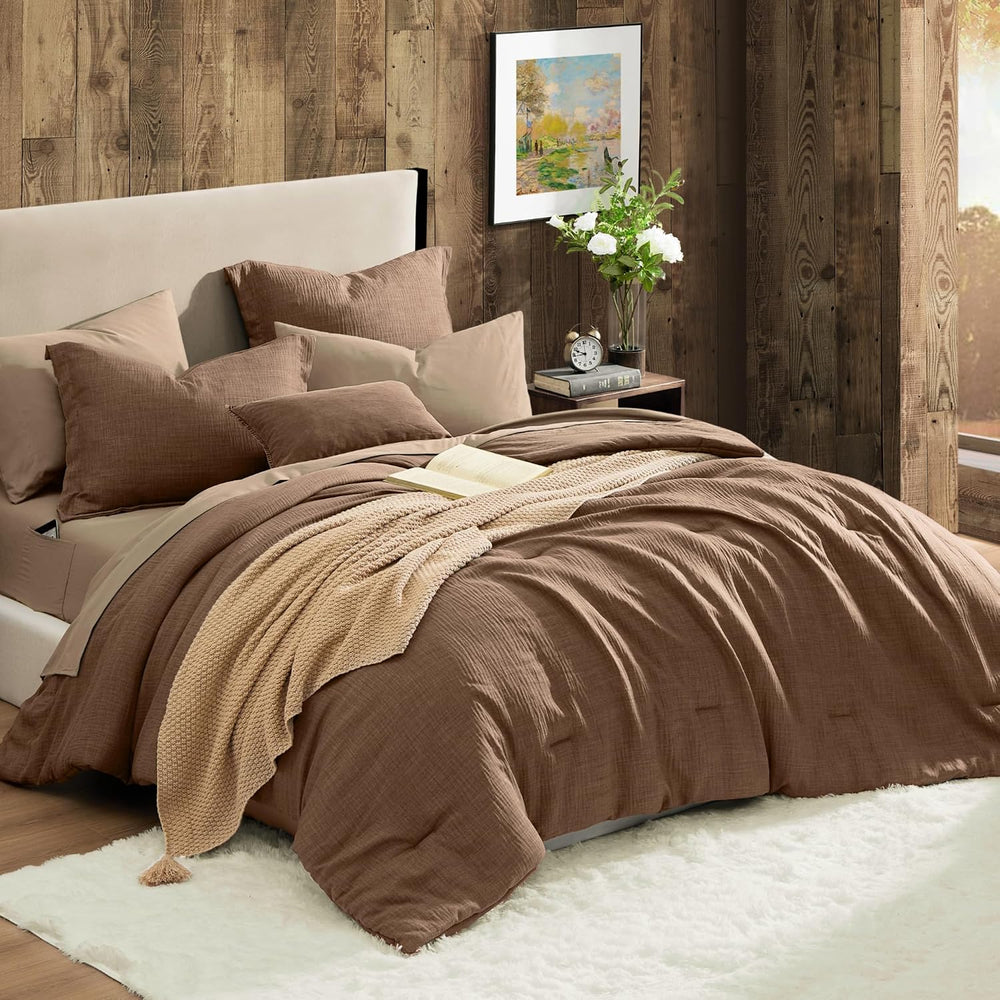King Size Comforter Set - 7 Pieces Brown Bedding Set Textured Bed in a Bag